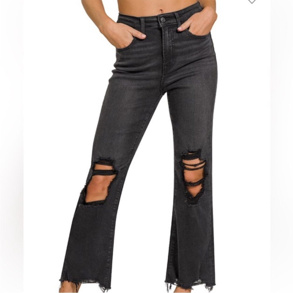 Zenana Outfitters Charcoal Distressed Flare Jeans